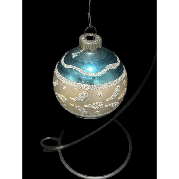 Vintage Blue Shiny Brite Hand Painted Silver Glitter Glass Christmas Ornament 3" - Picture 2 of 6